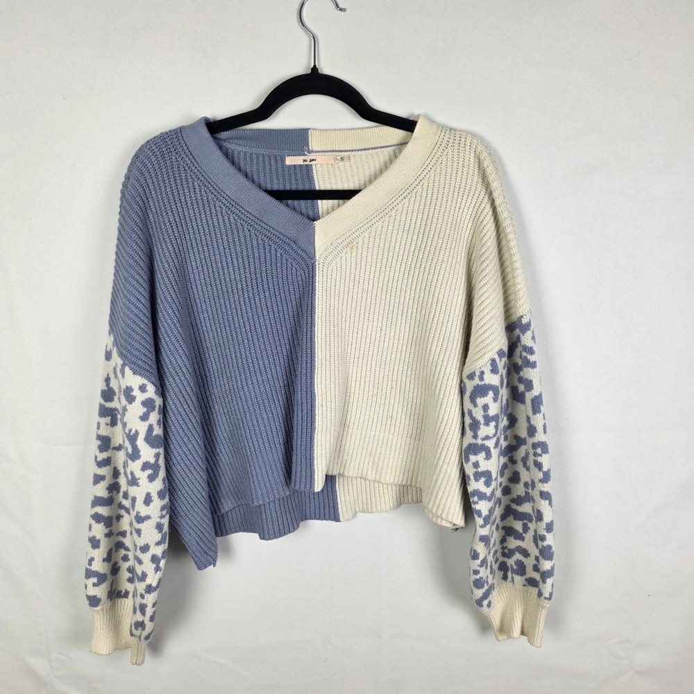 Mi Ami Women Blue Cream Colorblock Leopard Print Ribbed V-Neck Sweater XL